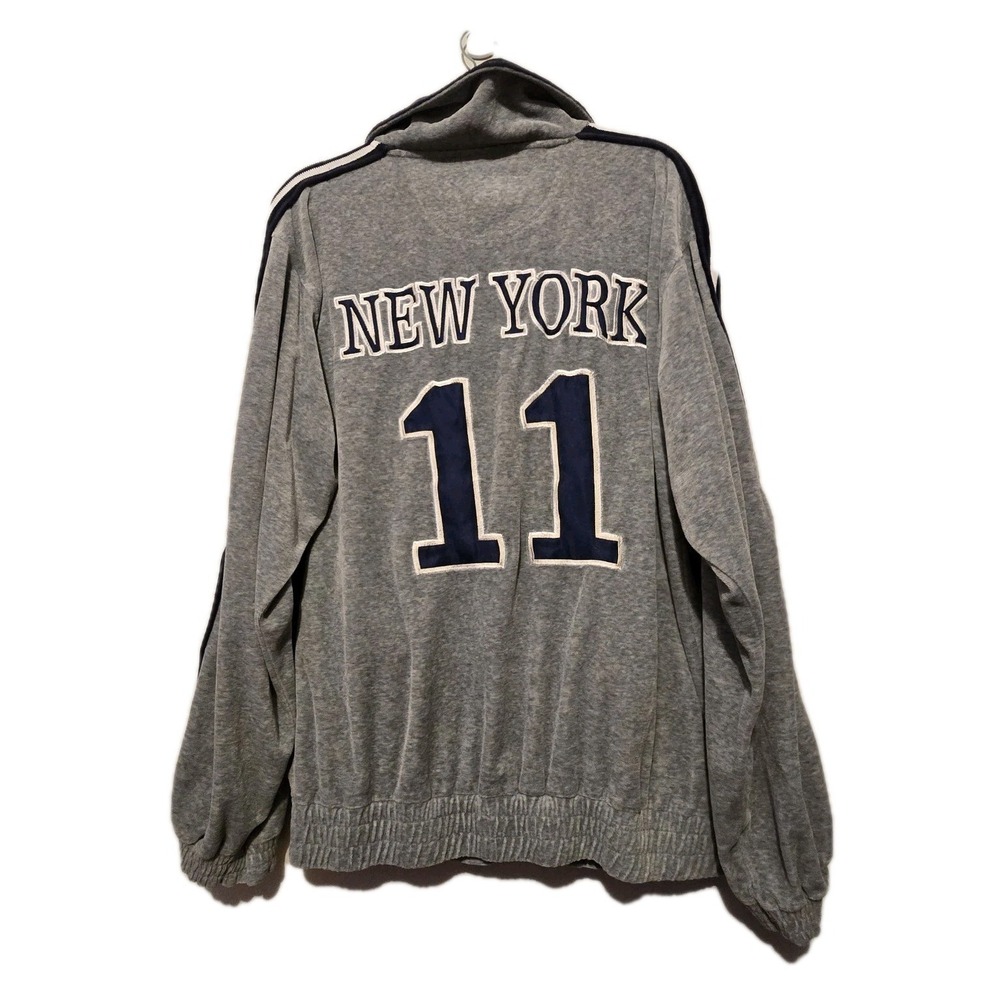 Vintage 90s Mega Inc Velour NY Track Jacket Mens LG Gray Navy Zip Grunge‎ Y2K